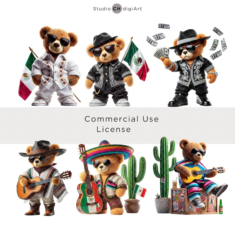 May include: Five teddy bears dressed in different outfits, including a white suit, a black suit, a sombrero and poncho, and a cowboy hat and bandana. The bears are holding musical instruments and Mexican flags.