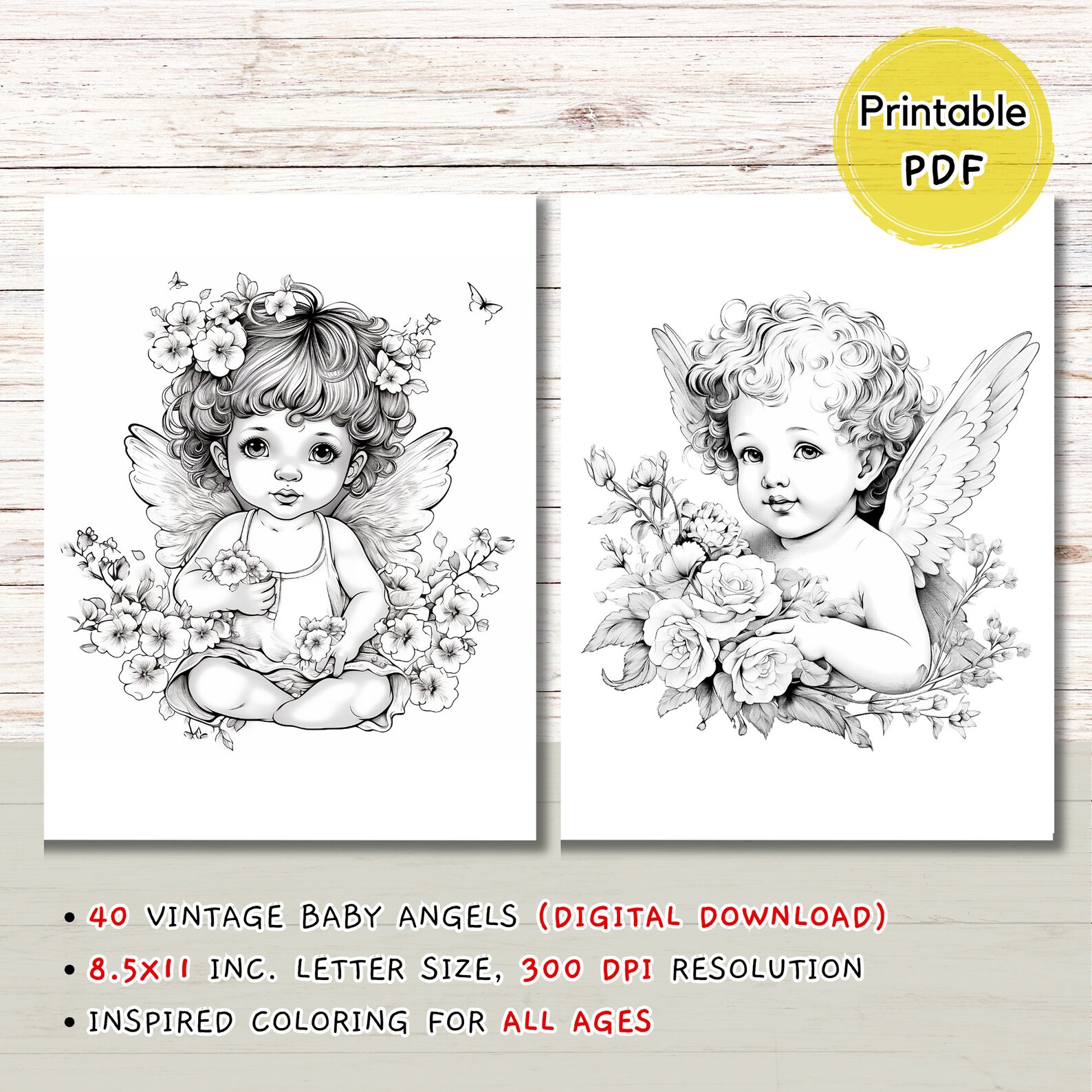40 Vintage Baby Angel Coloring Pages for Adults and Kids, Blooming ...
