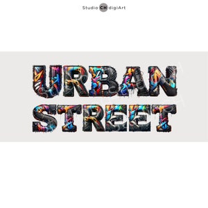 May include: Urban Street text in a graffiti style font with colorful paint splatters and drips. The letters are made up of various shapes and textures, creating a dynamic and eye-catching design.