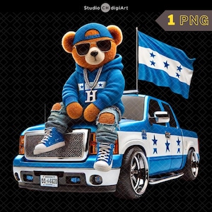 Hip Hop Honduras Bär Clipart, 3D Junge Teddybär PNG, Honduras Clipart, Honduras Flagge Teddy PNG, Cooler Pick-Up Truck, #02