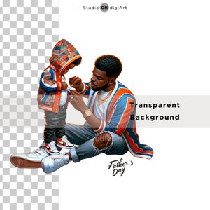 May include: A father and son are sitting together. The father is wearing a blue and orange striped shirt, jeans, and a gold chain. The son is wearing a red, white, and blue patterned jacket, jeans, and sneakers. The text "Father's Day" is written below them.