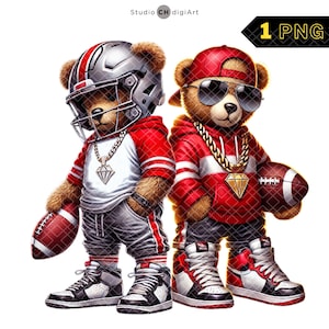 Ours de football hip hop PNG, Clipart ours en peluche football américain, maillot de football américain, football américain PNG - rouge et gris équipe #12