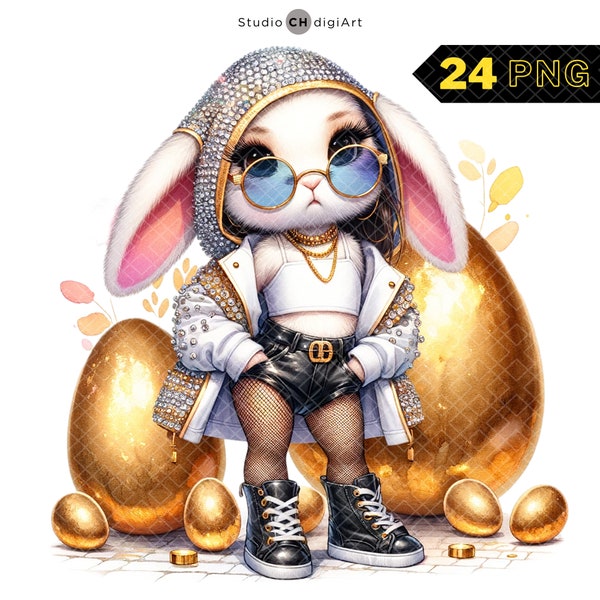 Hip Hop Girl Easter Bunny Clipart, 24 PNG High Quality, Hip Hop PNG, Bunny Watercolor, Easter Clipart, Easter Watercolor, Golden eggs