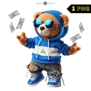 Hip Hop Nicaragua Bär Clipart, 3D Junge Teddybär PNG, Bär wirft Geld, Nicaragua Flagge Teddy, Nicaragua Flagge PNG, #01