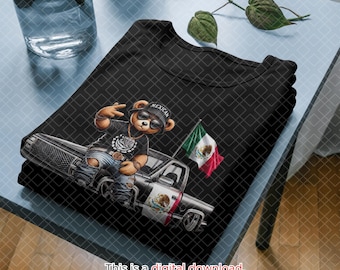 May include: A black t-shirt with a cartoon illustration of a bear wearing a baseball cap with the word "MEXICAN" on it. The bear is standing on a black pickup truck with the Mexican flag waving in the background.