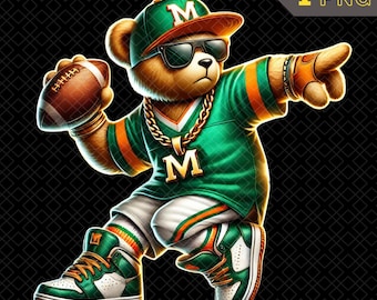 Hip Hop Football Bear PNG, American Football Teddy Bear Clipart, American Football Shirt, American Football PNG - Green and Orange Team #03