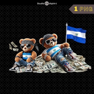 Hip Hop El Salvador Bär Clipart, 3D Junge Teddybär PNG, El Salvador Clipart, El Salvador Flagge PNG, El Salvador PNG, reicher Bär, Geldbär
