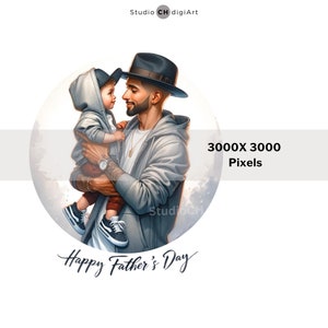 May include: A father and son are pictured together. The father is wearing a grey hoodie and a black hat. The son is wearing a grey hoodie and a black baseball cap. The father is holding the son in his arms. The image is set against a light blue background with the words "Happy Father's Day" written in black.