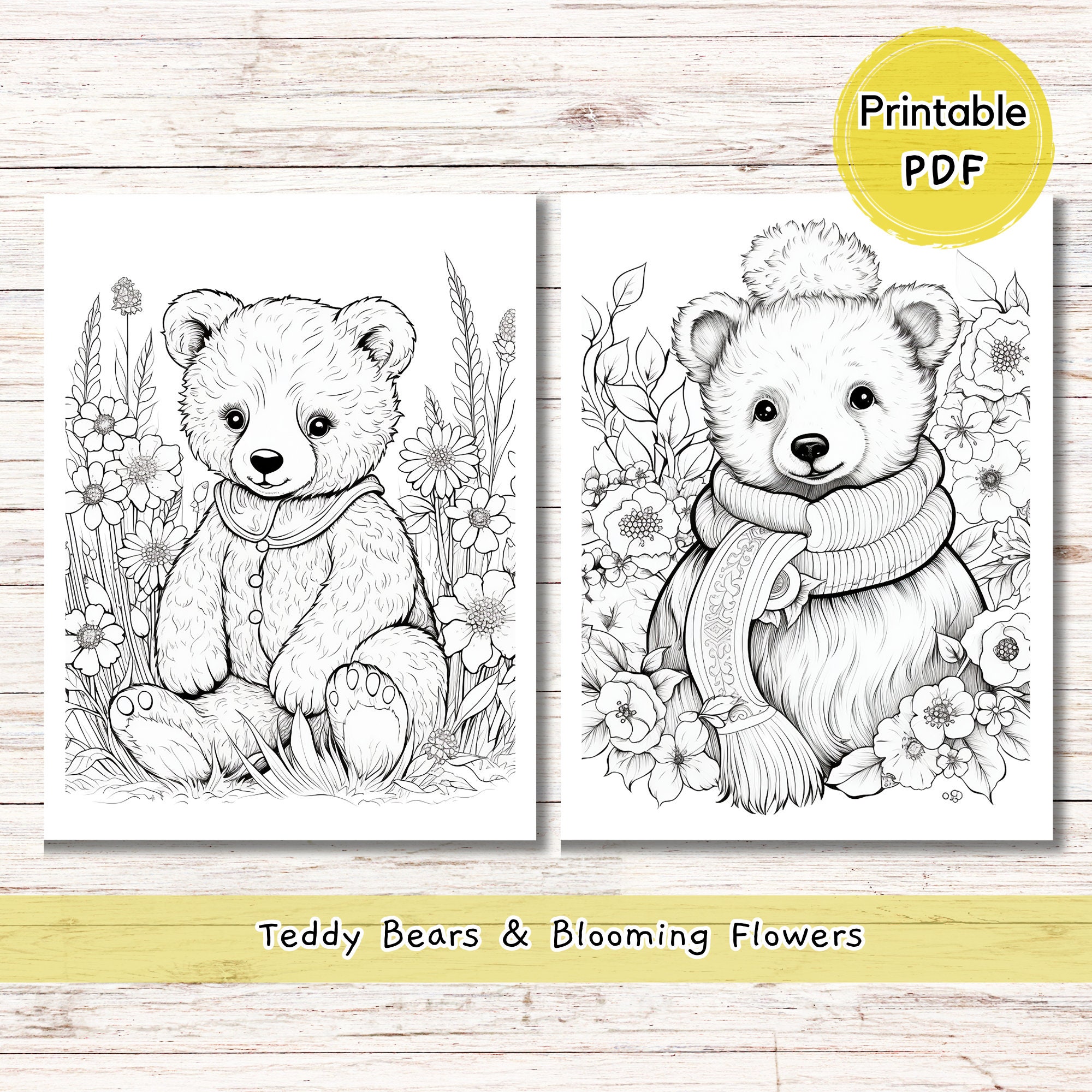 40 Cute Teddy Bear Coloring Pages for Adults and Kids, Blooming Flowers ...