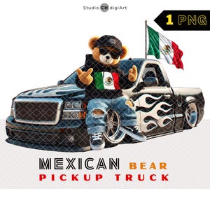 Hip Hop mexikanischer Bär Clipart, 3D Junge Teddybär PNG, mexikanische Clipart, Mexiko Flagge PNG, cooler Pick-Up Truck, #01