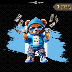Hip Hop Guatemala Bär Clipart, 3D Junge Teddybär PNG, Bär wirft Geld, Guatemala Flagge Teddy, Guatemala Flagge PNG, Guatemala PNG, reicher Bär