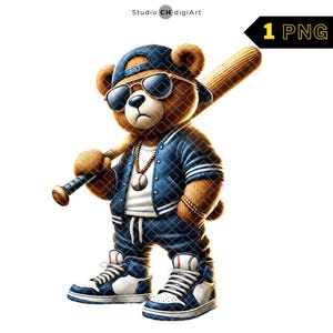 Hip Hop Baseball Bär PNG, Baseball Teddybär Clipart, Baseball-Shirt, Baseball PNG - Navy Team, Dunkelblau Team #02