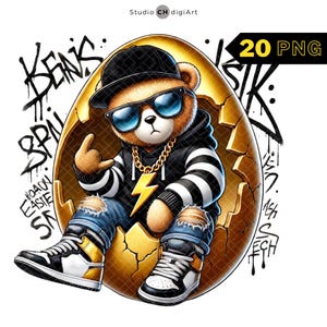 Clipart hiphop paasbeer, paasei, Pasen-png, paasaquarel, gouden eieren, hiphopshirt voor Pasen, hiphop png, aquarel beer
