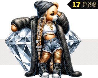 Hip Hop Girl Diamond Bear Clipart, Girl Bear PNG, Teddy Bear Watercolor, Rich Bear PNG, Hip Hop Watercolor, Hip Hop Female Bear, Hip Hop PNG