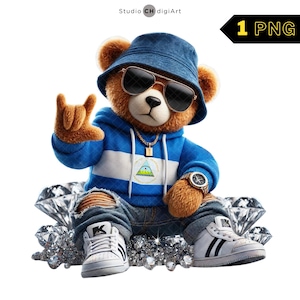 Hip Hop Nicaragua Bär Clipart, 3D Junge Teddybär PNG, Bär mit Diamant, Nicaragua Flagge Teddy, Nicaragua Flagge PNG, #02