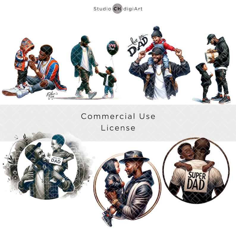 May include: Digital art illustration of fathers and sons. The illustrations feature fathers and sons in various poses, including a father holding his son, a father and son walking together, and a father with his son on his shoulders. The illustrations are in a cartoon style and feature bright colors.