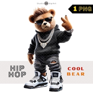 Clipart hiphop jongen beer, 3D coole beer, hiphop png, teddybeer aquarel, jongen teddybeer png, gangsterbeer png, teddybeer voor shirt