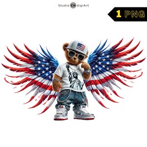 Hip Hop Bear with American Flag Wings, 4th of July, 3D American Bear, American Clipart,American Flag Clipart,USA Flag PNG,Bear with Wings,02