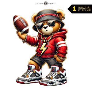Hip Hop Football Bear PNG, American Football Teddy Bear Clipart, American Football Shirt, American Football PNG - Red and Gray Team #06