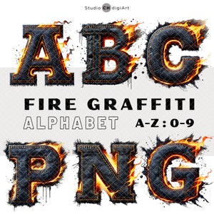 May include: A fiery alphabet with denim letters. The letters A, B, C, P, N, and G are shown in a fiery, distressed denim style. The letters are set against a white background. The text "FIRE GRAFFITI ALPHABET A-Z: 0-9" is shown below the letters.