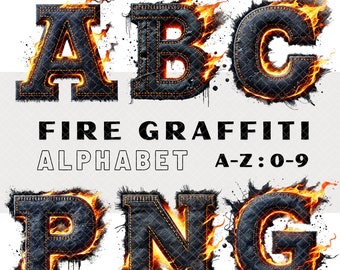 May include: A fiery alphabet with denim letters. The letters A, B, C, P, N, and G are shown in a fiery, distressed denim style. The letters are set against a white background. The text "FIRE GRAFFITI ALPHABET A-Z: 0-9" is shown below the letters.