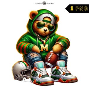 Ours de football hip hop PNG, Clipart ours en peluche football américain, maillot de Football américain, Football américain PNG - vert et Orange équipe #01