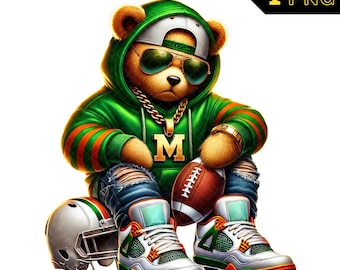 Hip Hop Football Bear PNG, American Football Teddy Bear Clipart, American Football Shirt, American Football PNG - Green and Orange Team #01
