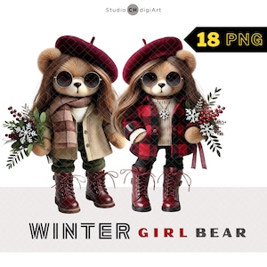 Clipart de oso de invierno para niña, oso de peluche femenino PNG, oso de Navidad, arte de niña de moda de invierno, diseño de oso de peluche de invierno, niña de Navidad