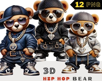 3D Hip Hop Bear Clipart, 12 High Quality PNG Files, 3D Teddy Bear Clipart, Hip Hop PNG, Teddy Bear Watercolor, Teddy Bear Graphics