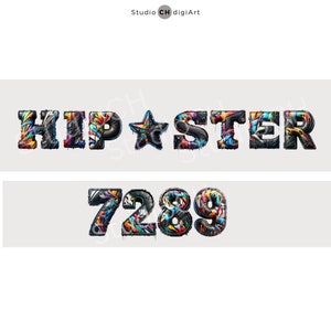 May include: A colorful, graffiti-style font spelling "HIPSTER" with a star in between the words. Below the word is a number "7289" in the same style.