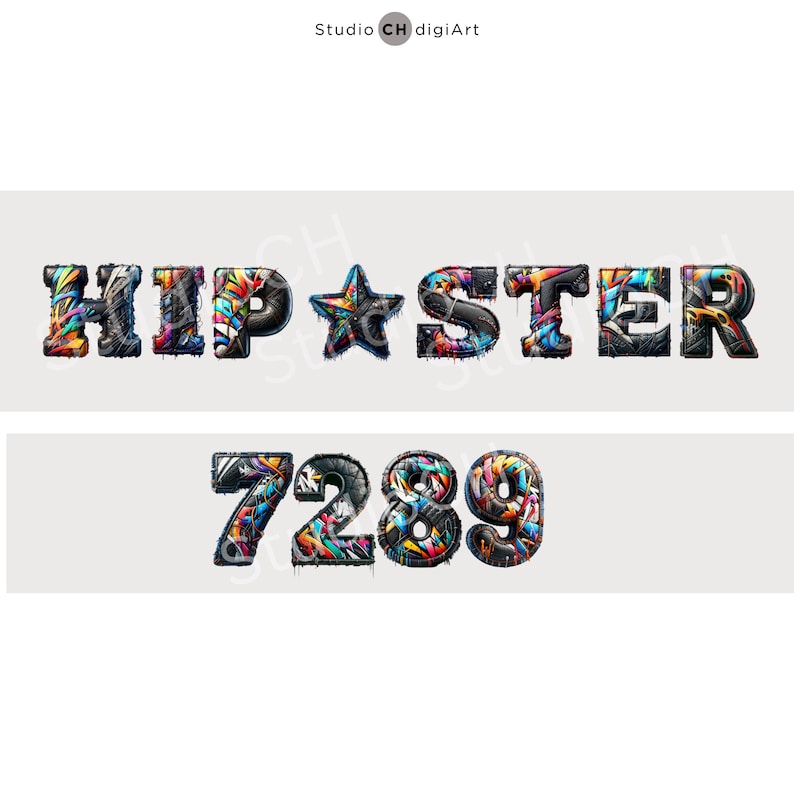 May include: A colorful, graffiti-style font spelling "HIPSTER" with a star in between the words. Below the word is a number "7289" in the same style.