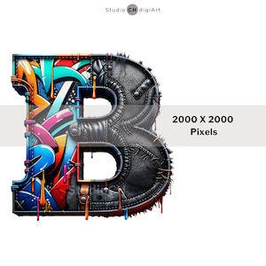 May include: A large, colorful, graffiti-style letter B made of leather and denim with dripping paint. The letter is stitched together with visible seams and has a distressed, worn look. The background is white.