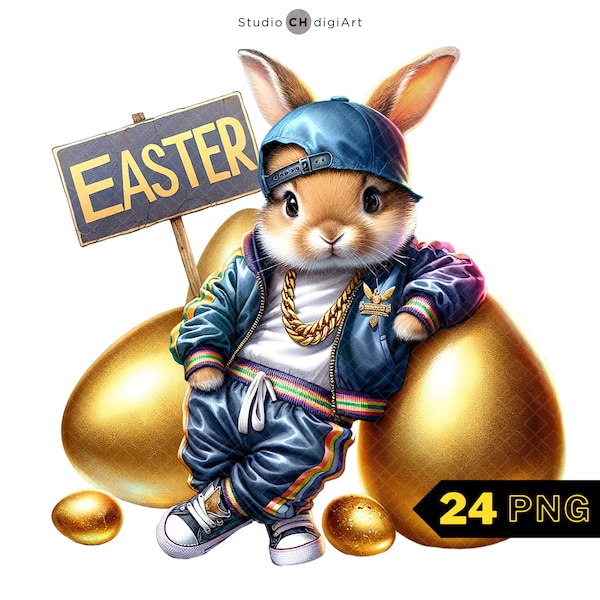 Hip Hop Boy Easter Bunny Clipart, 24 PNG High Quality, Hip Hop PNG, Bunny Watercolor, Easter Clipart ,Easter Watercolor, Golden eggs