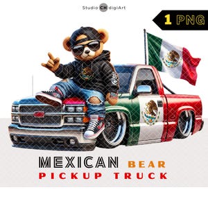 Hip Hop mexikanischen Bären Clipart, Clipart 3D Junge Teddybär, Mexikanische Clipart, Mexiko Flagge, Coole Pick-up Truck, #02