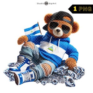 Hip Hop Nicaragua Bär Clipart, 3D Junge Teddybär PNG, Bär mit Diamant, Nicaragua Flagge Teddy, Nicaragua Flagge PNG, #05