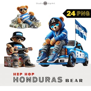 Hip Hop Honduras Bär Clipart, 3D Junge Teddybär PNG, Honduras Clipart, Honduras Flagge Teddy PNG, reicher Bär, Gangster Bär, coole Abholer