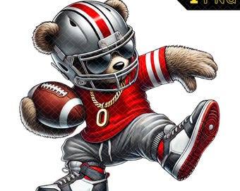 Hip Hop Football Bear PNG, American Football Teddy Bear Clipart, American Football Shirt, American Football PNG - Red and Gray Team #08