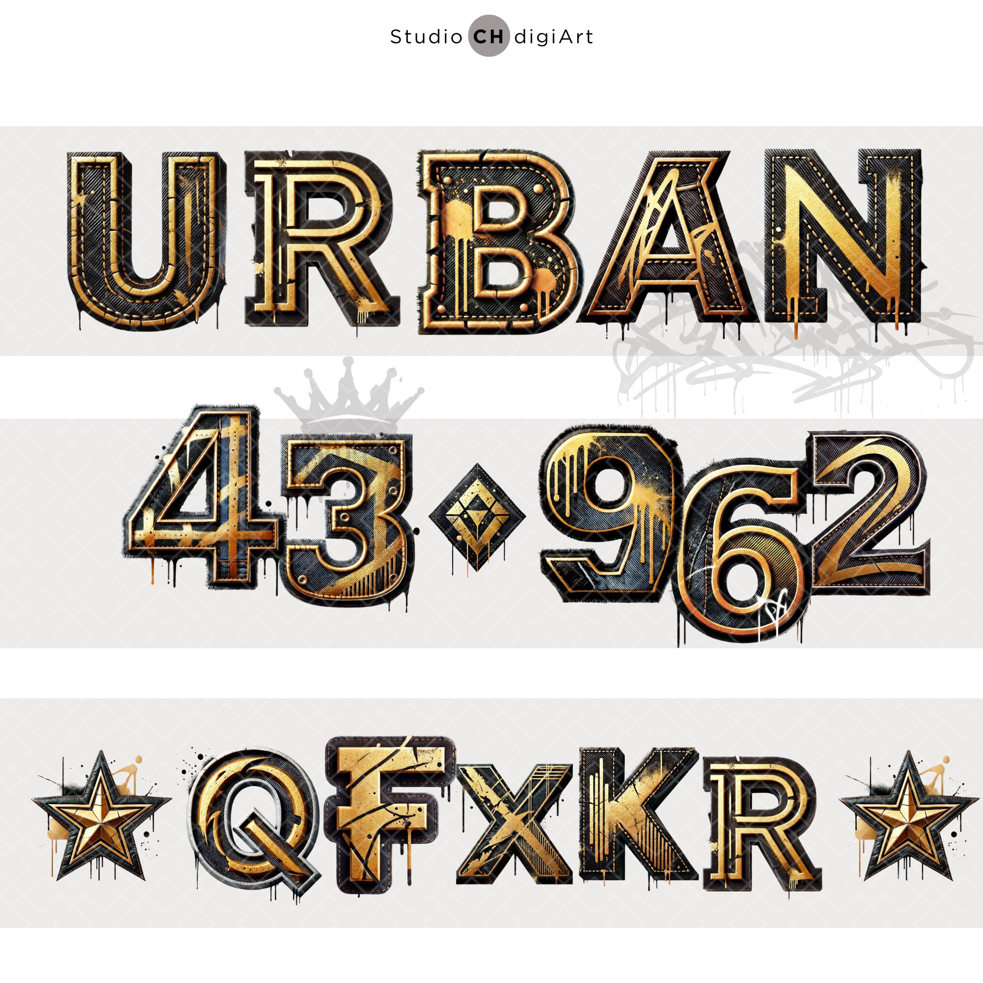 Gold Graffiti Alphabet Letters & Numbers, Gold Font