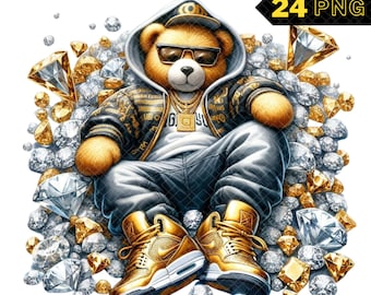 Hip Hop Boy Diamond Bear Clipart, 24 PNG High Quality, Hip Hop PNG, Teddy Bear Watercolor, Boy Teddy Bear PNG ,Hip Hop Watercolor