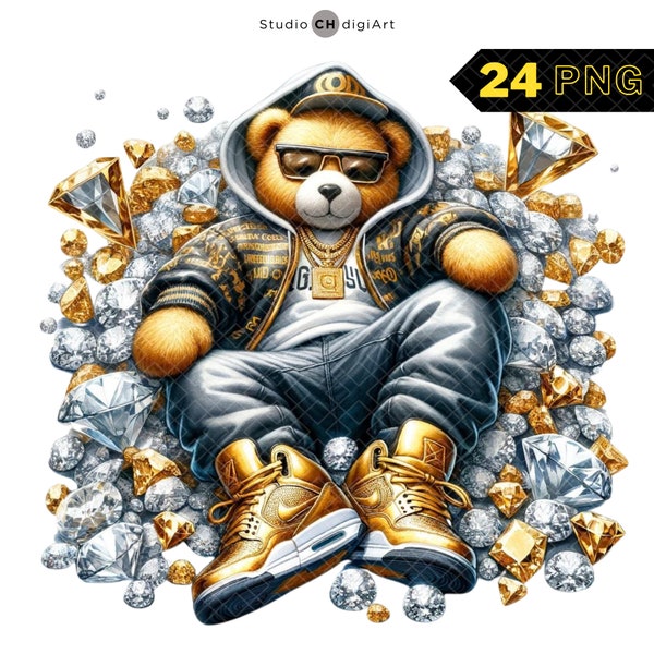 Hip Hop Boy Diamond Bear Clipart, 24 PNG High Quality, Hip Hop PNG, Teddy Bear Watercolor, Boy Teddy Bear PNG ,Hip Hop Watercolor
