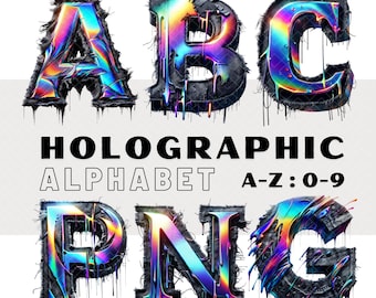 Holographic Alphabet Letters & Numbers, Hologram Alphabet PNG, Hologram Letters, Dripping Font, Street Font, 3D Font Download