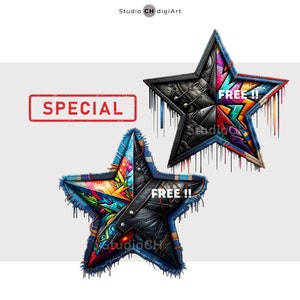 May include: Two colorful star-shaped patches with frayed edges. The patches are made of denim, leather, and other fabrics. The text "FREE!!" is printed on both patches.
