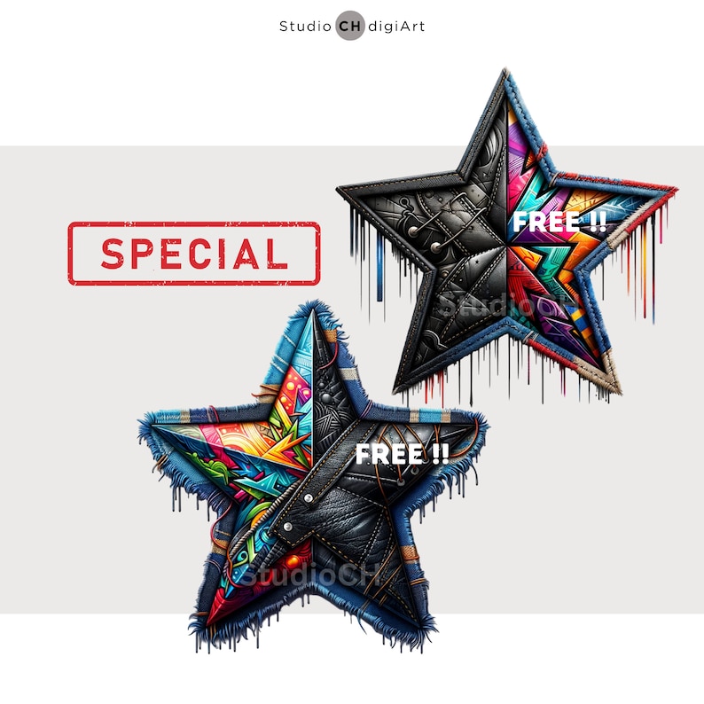 May include: Two colorful star-shaped patches with frayed edges. The patches are made of denim, leather, and other fabrics. The text "FREE!!" is printed on both patches.