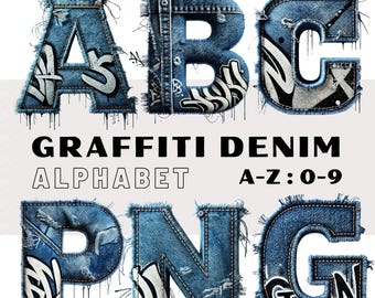 May include: A denim alphabet with graffiti-style lettering. The letters A, B, C, P, N, and G are shown in a distressed denim style with white paint accents. The text "GRAFFITI DENIM ALPHABET A-Z: 0-9" is below the letters.