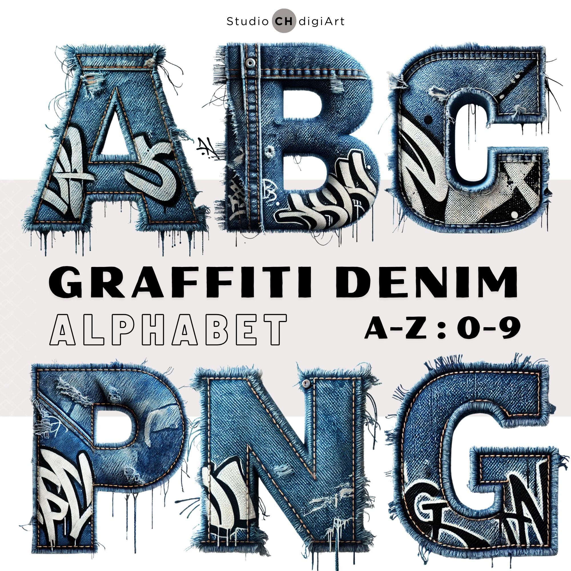 Graffiti Denim Alphabet Letters & Numbers, Graffiti Font, Blue 