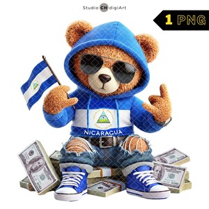 Hip Hop Nicaragua Bär Clipart, 3D Junge Teddybär PNG, Bär mit Geld, Nicaragua Flagge Teddy, Nicaragua Flagge PNG, Nicaragua PNG, Reicher Bär #03