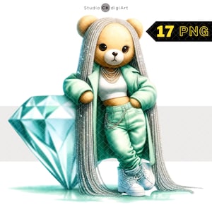 Imágenes prediseñadas de oso de diamantes de chica de hip hop, oso de niña PNG, acuarela de oso de peluche, oso rico PNG, acuarela de hip hop, oso femenino de hip hop, hip hop PNG