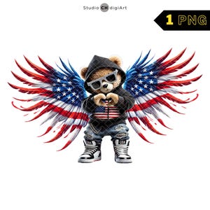 Hip Hop Bear with American Flag Wings, 4th of July, 3D American Bear, American Clipart, American Flag Clipart, USA Flag PNG, Bear with Wings