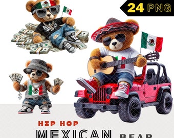 Hip Hop Mexican Bear Clipart, 3D Boy Teddy Bear PNG, Mexican Boy Clipart, Mexico Flag Teddy PNG, Cool Mexican Rich Bear, Mexico Flag T-shirt