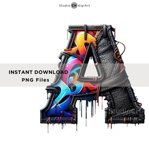 May include: A colorful, graffiti-style letter A made of leather and denim. The letter is dripping with paint and has a distressed look. The text "INSTANT DOWNLOAD PNG Files" is visible at the bottom of the image.